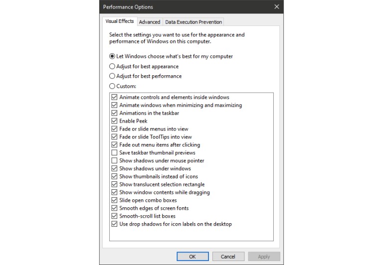 Configuración de efectos visuales en Windows 10
